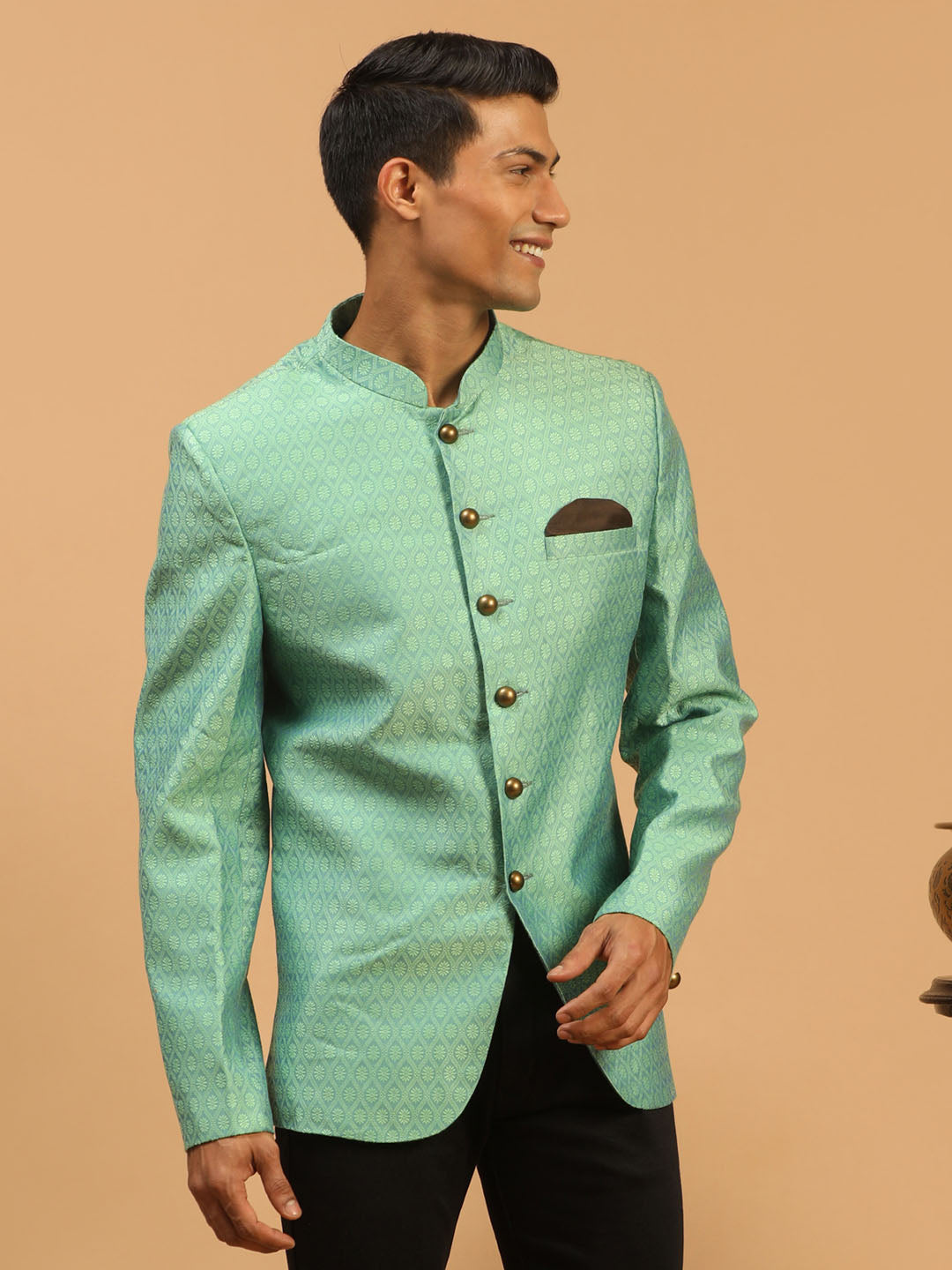 Men's Green Silk Blend Woven Jodhpuri