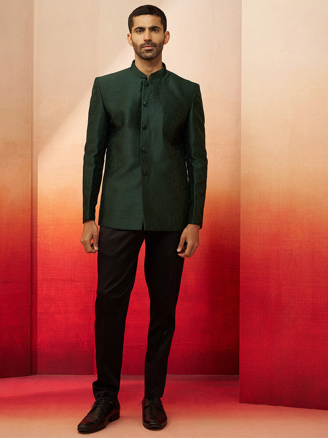 Men's Bottle Green Jacquard Jodhpuri with Pant