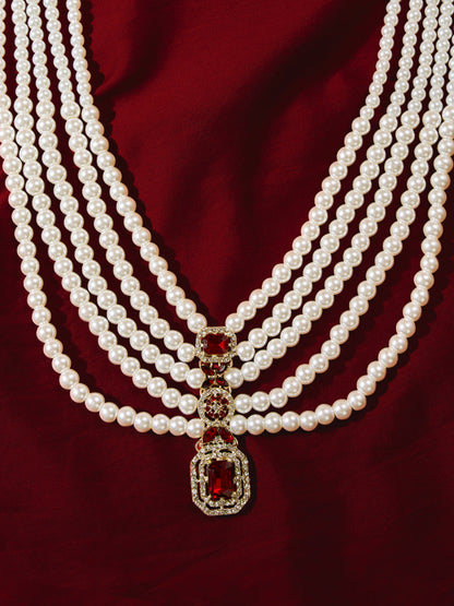 Men's Traditional Wedding Necklace - White Maroon Layered Pearl Design