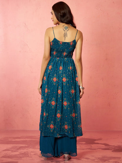 Women's Blue Chinon Sequin Anarkali Set with Palazzo