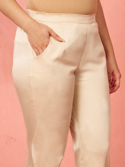 Women's Beige Cotton Lycra Trousers