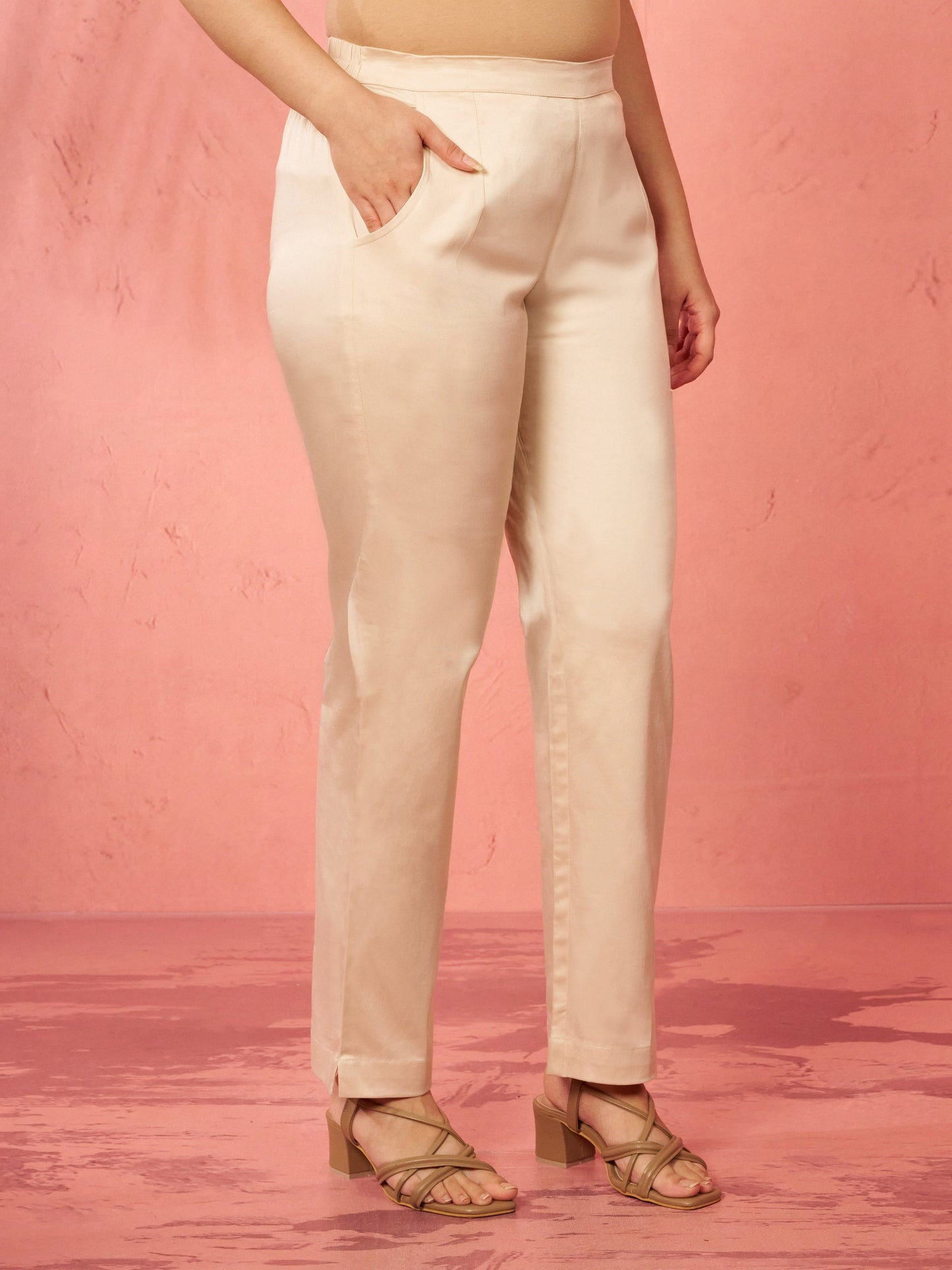 Women's Beige Cotton Lycra Trousers