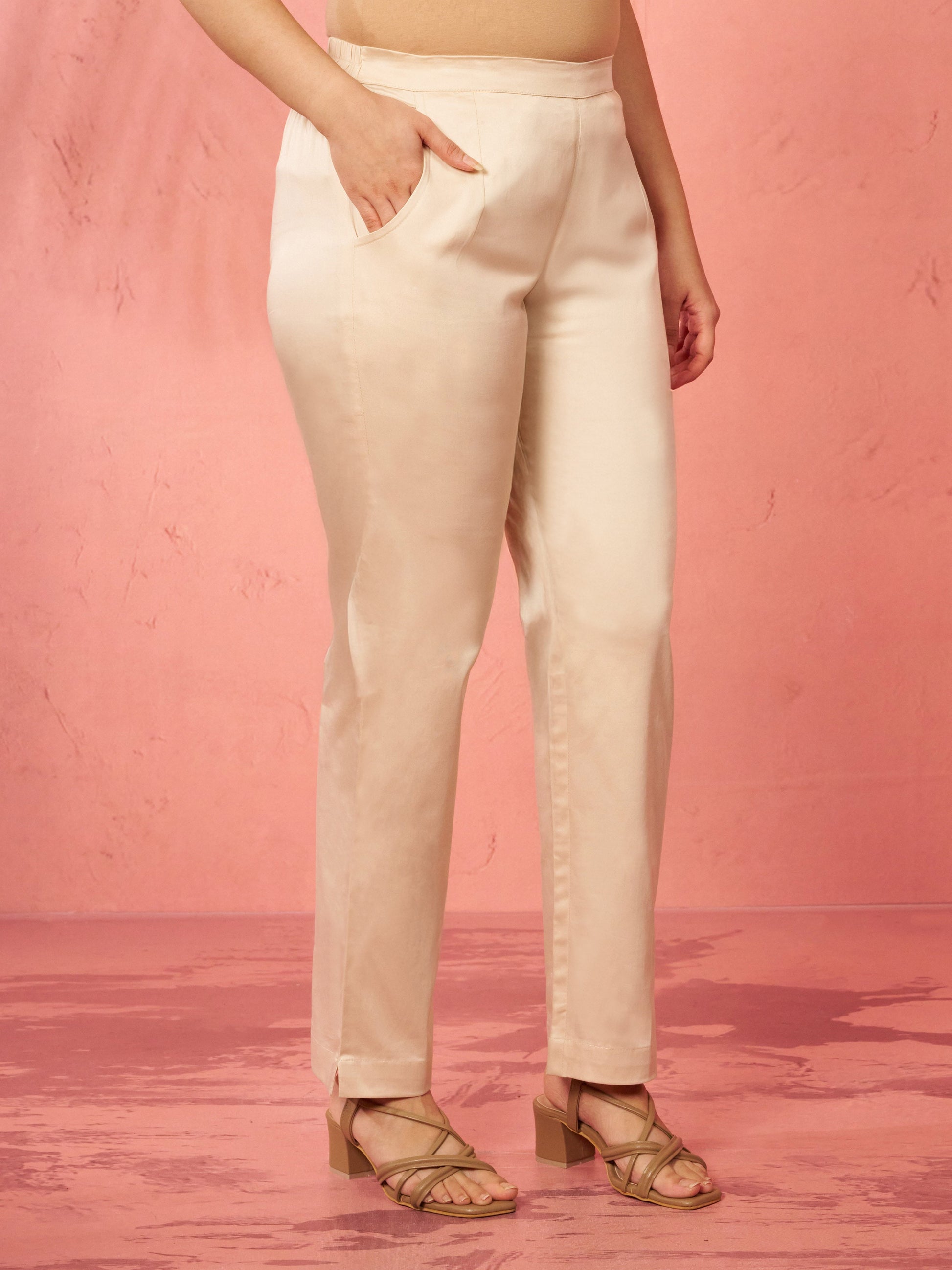 Women's Beige Cotton Lycra Trousers