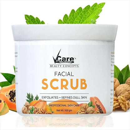 Facial scrub container with ingredients and branding on a white background
