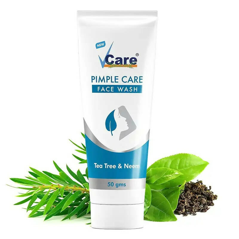 VCare Pimple Care Face Wash tube with tea tree and neem leaves on a white background