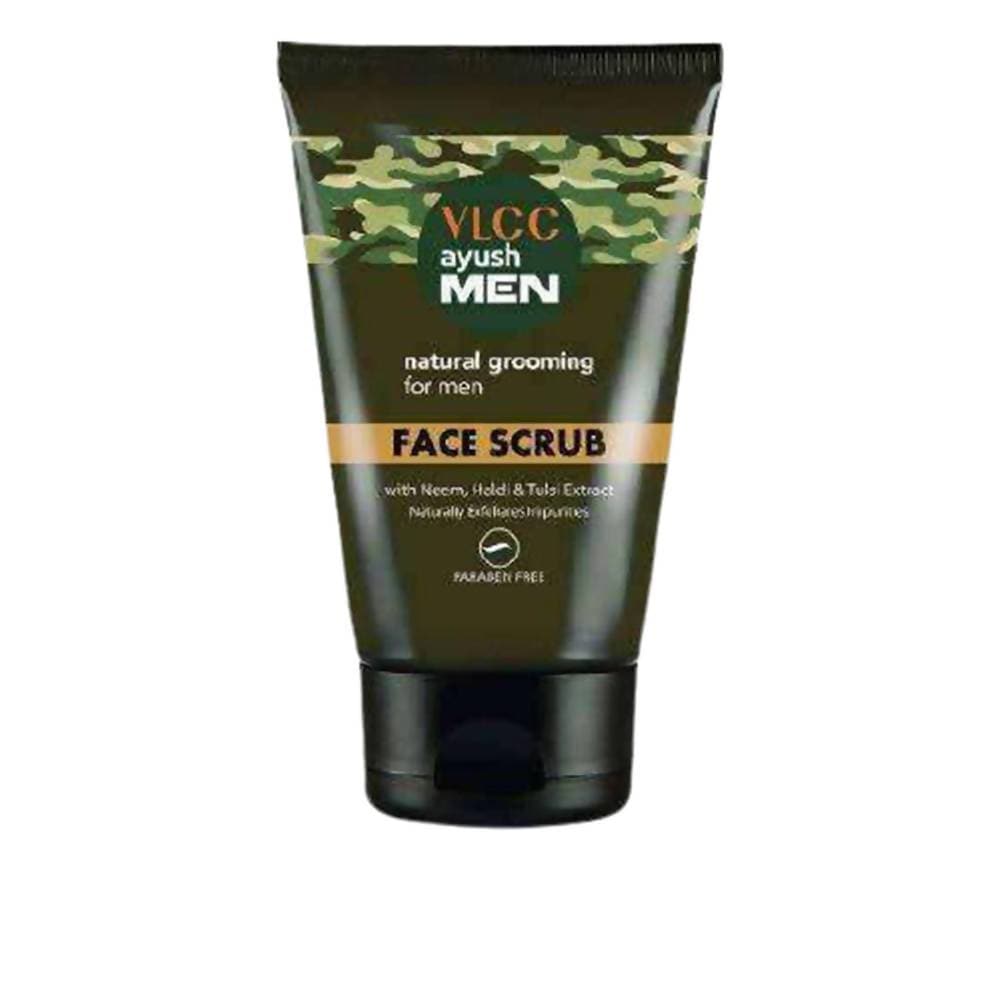 VLCC Ayush Men natural grooming face scrub tube on a white background