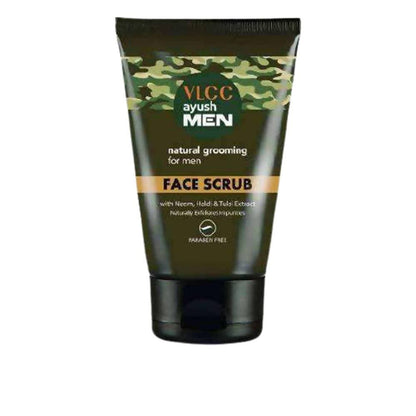VLCC Ayush Men natural grooming face scrub tube on a white background
