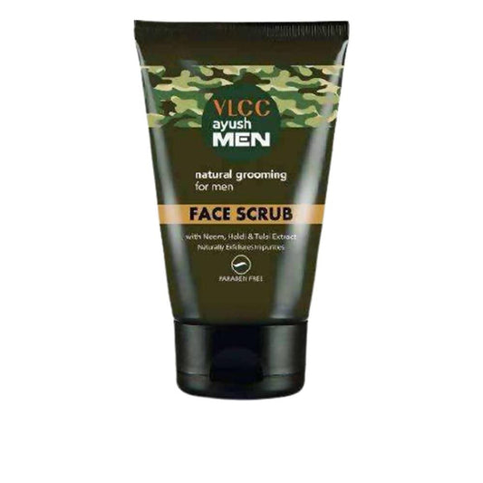 VLCC Ayush Men natural grooming face scrub tube on a white background