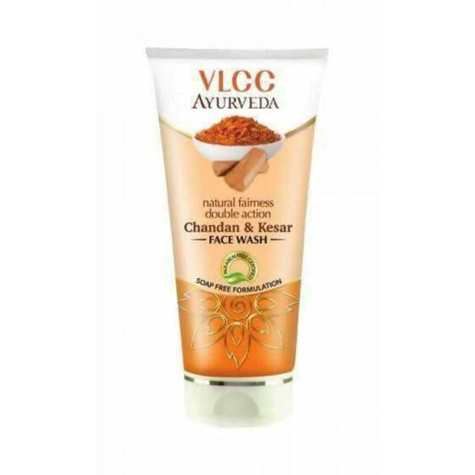 A tube of VLCC Natural Fairness Kesar Chandan Face Wash with an orange gold color label, indicating a soap-free formulation.