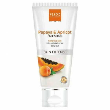 A plastic tube of VLCC Papaya & Apricot Face Scrub with a peach color tone and an image of papaya and apricot on the label.