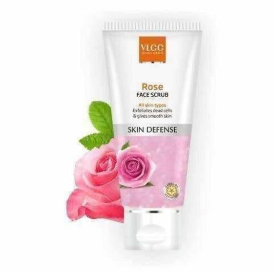 VLCC Rose Face Scrub packaging with roses and mint leaves on a white background