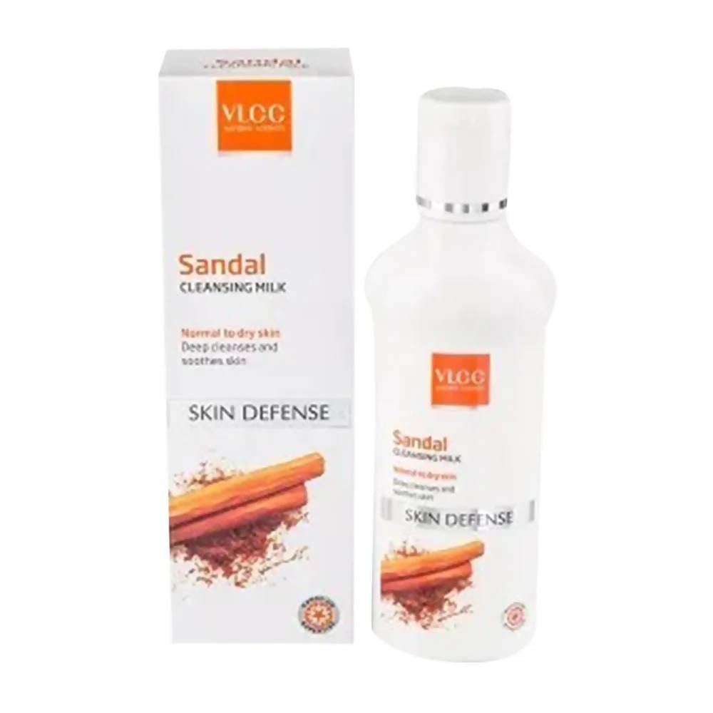 VLCC Sandal Cleansing Milk bottle and packaging on a white background