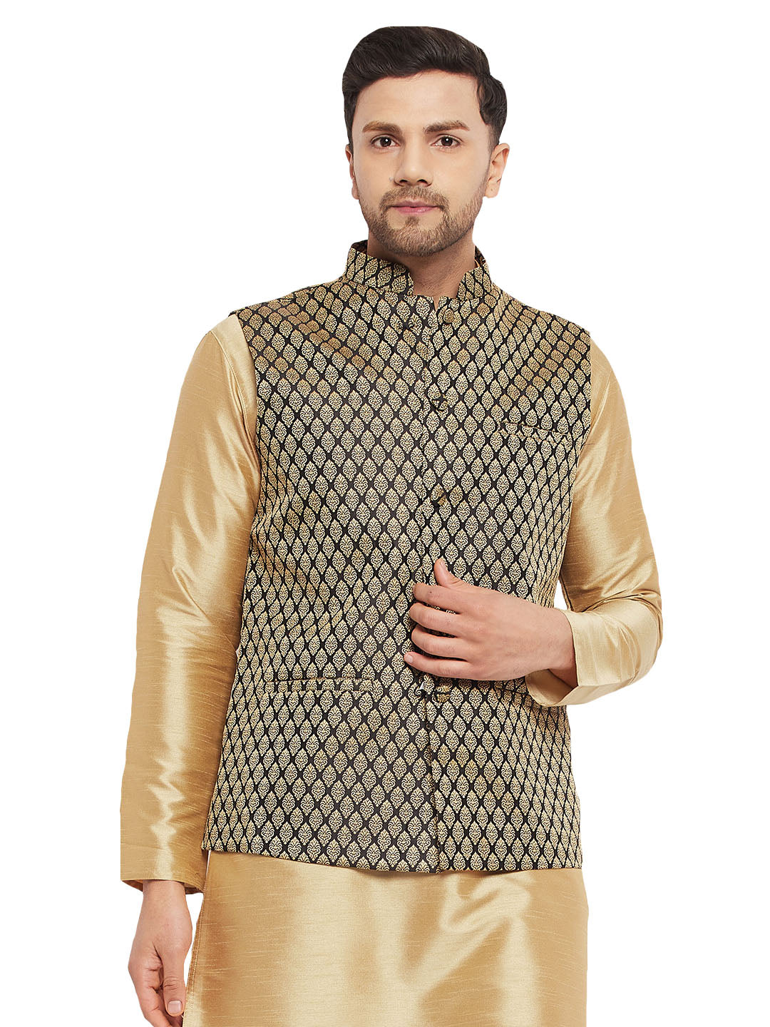 VASTRAMAY Men's Black Cotton Silk Blend Ethnic Jacket