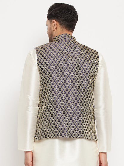 VASTRAMAY Men's Blue Cotton Silk Blend Ethnic Jacket