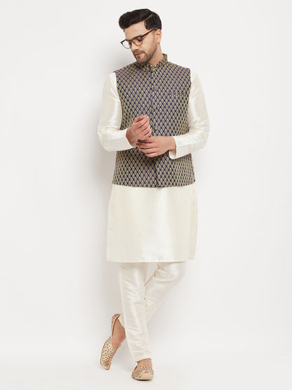 VASTRAMAY Men's Blue Cotton Silk Blend Ethnic Jacket