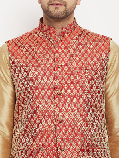 VASTRAMAY Men's Maroon Cotton Silk Blend Ethnic Jacket