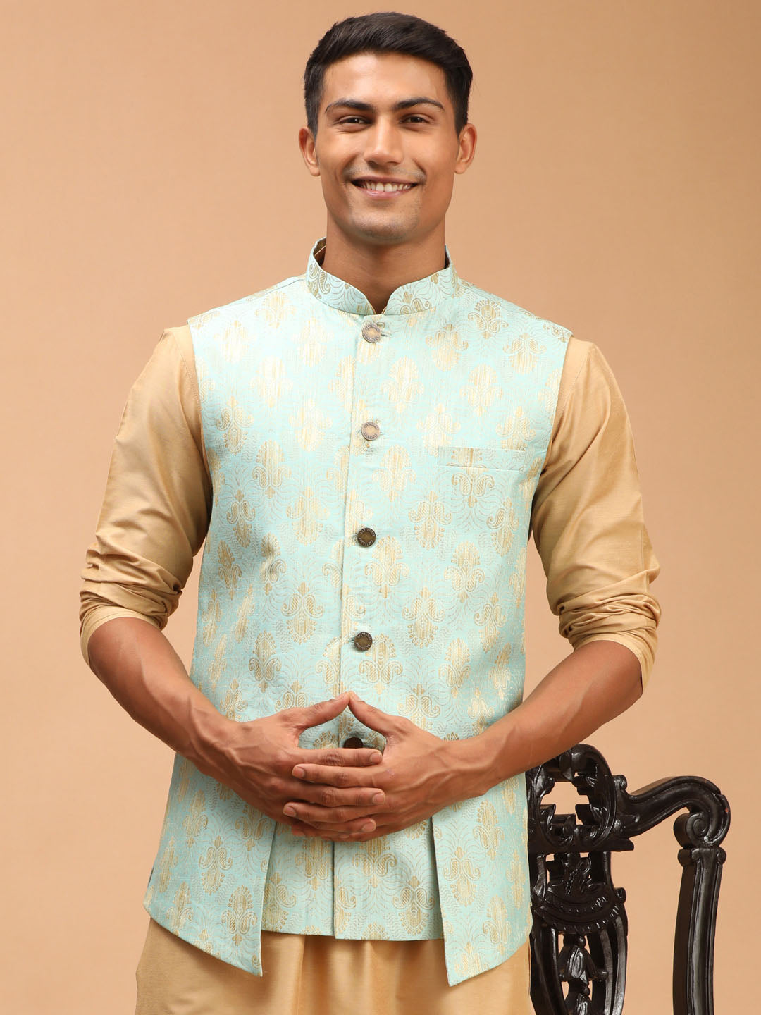 Men's Green Woven Flap Pocket Ethnic Jacket