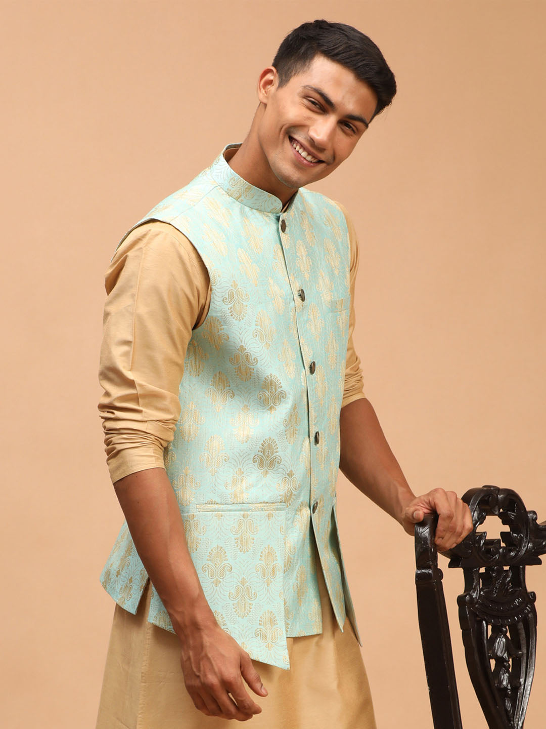 Men's Green Woven Flap Pocket Ethnic Jacket