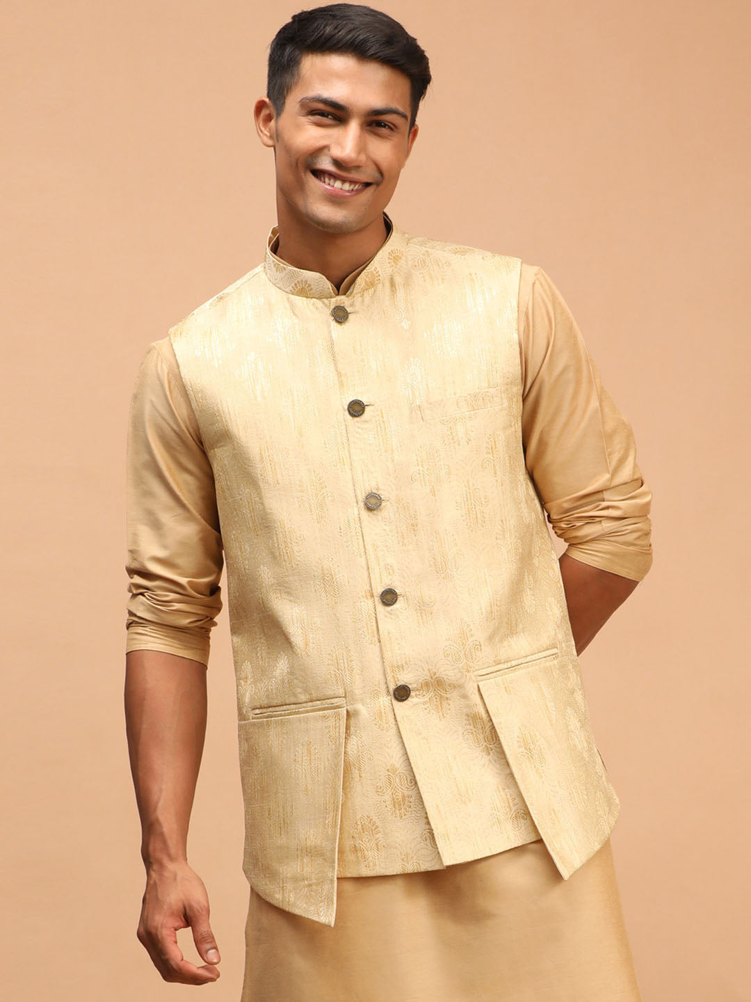 Men's Gold Woven Flap Ethnic Jacket