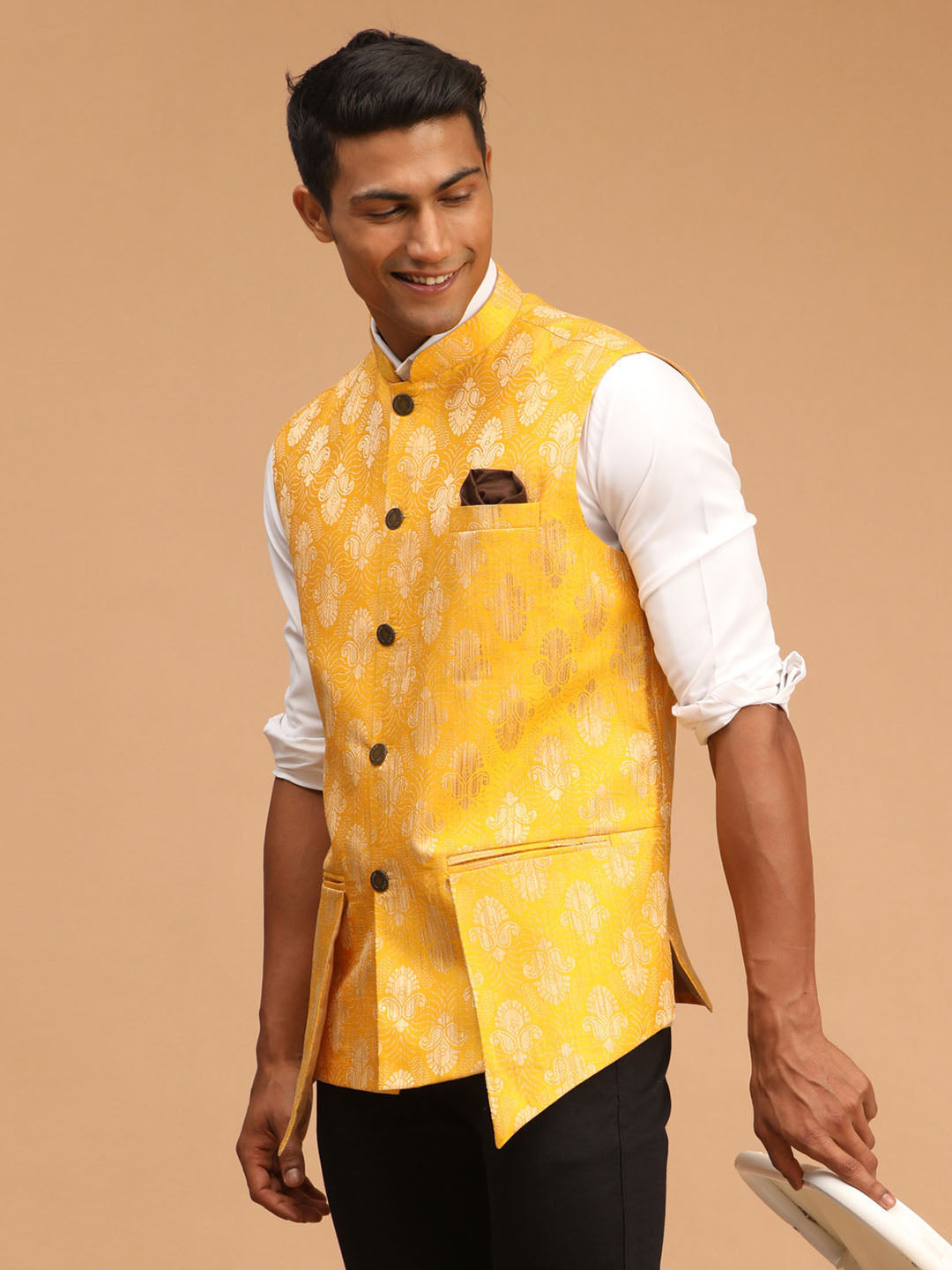 Men's Yellow Woven Flap Ethnic Jacket