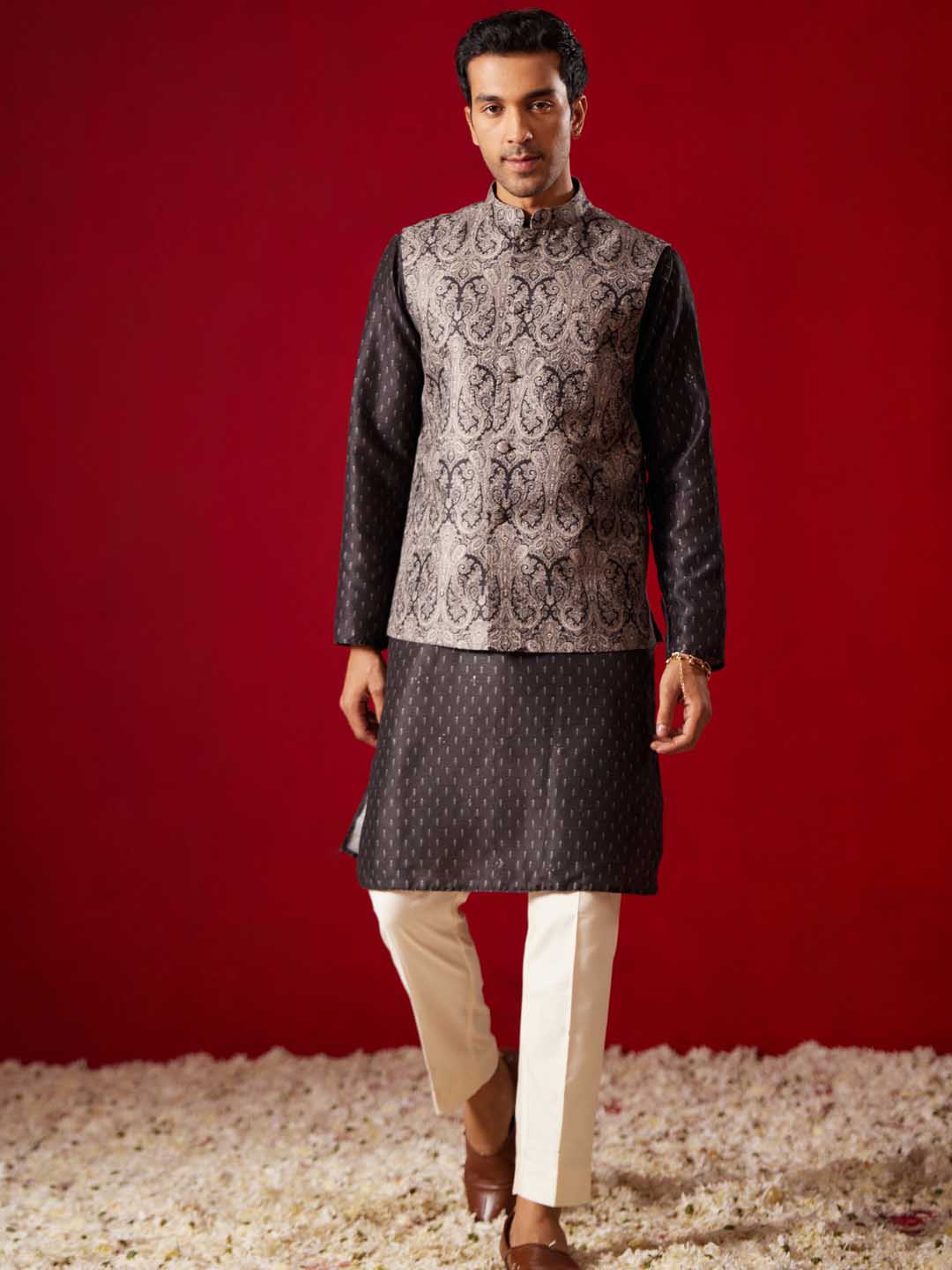 Men's Black Jacquard Silk Blend Ethnic Jacket