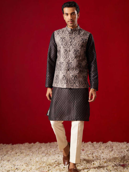 Men's Black Jacquard Silk Blend Ethnic Jacket