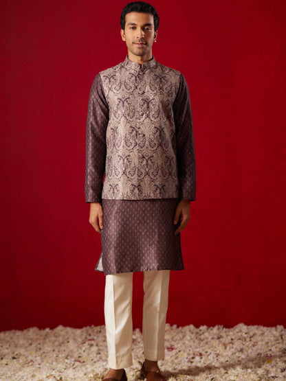 Men's Wine Jacquard Silk Blend Ethnic Jacket