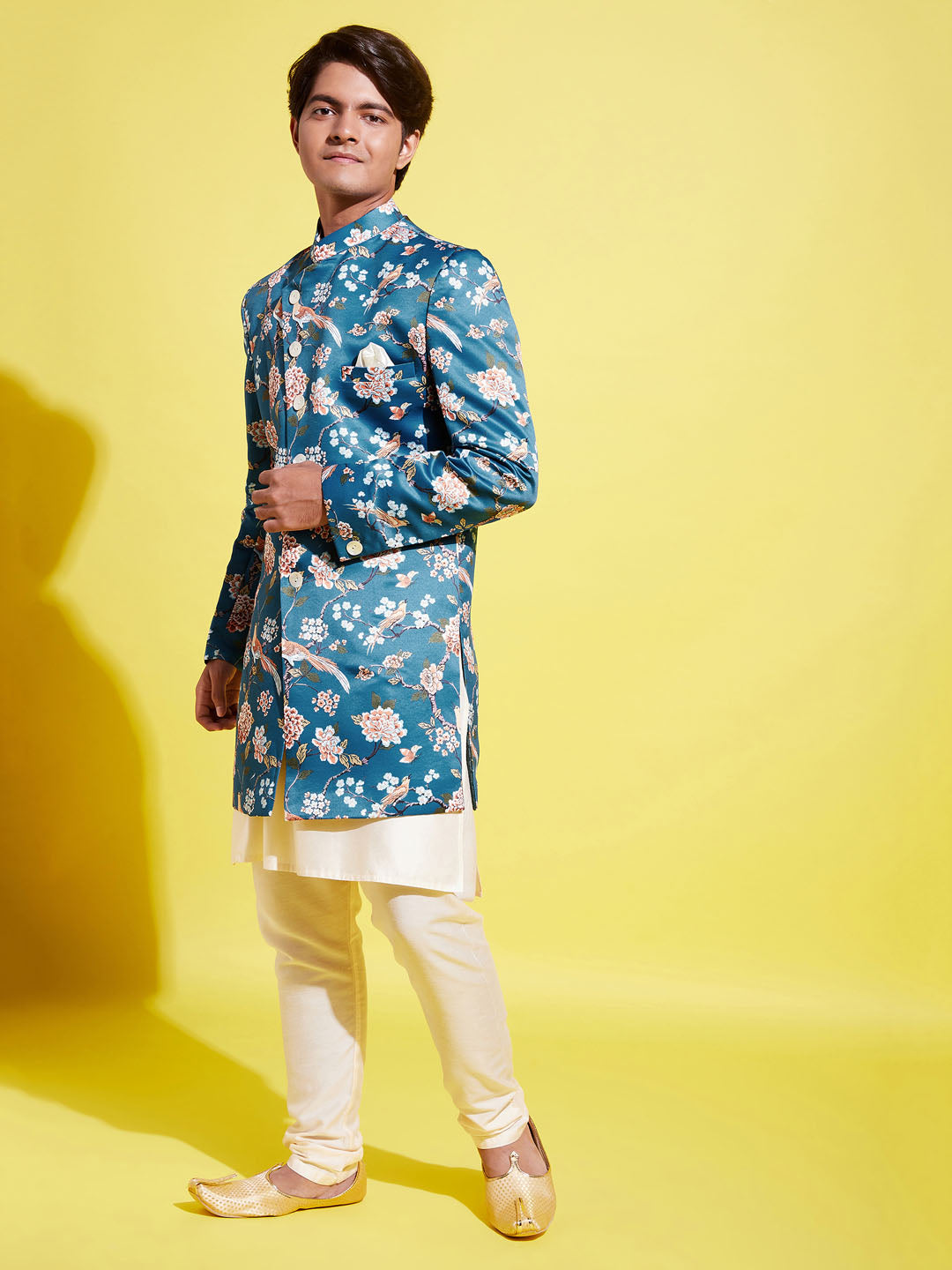 Boy's' Multicolored-Base-Turquoise Indowestern Set
