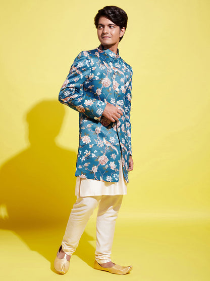 Boy's' Multicolored-Base-Turquoise Indowestern Set