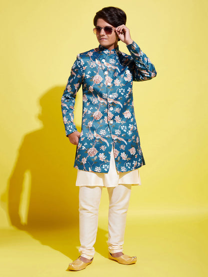 Boy's' Multicolored-Base-Turquoise Indowestern Set