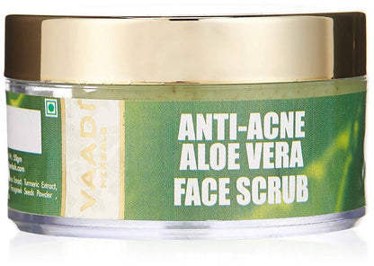 Anti-acne aloe vera face scrub container with green and gold design