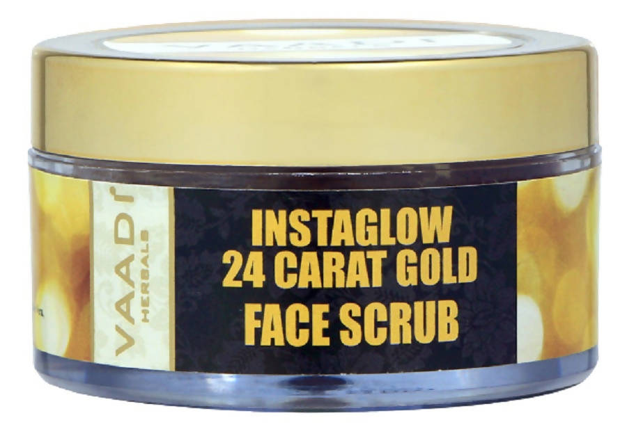 Jar of Vaadi Herbals Instaglow 24 Carat Gold Face Scrub on a white background