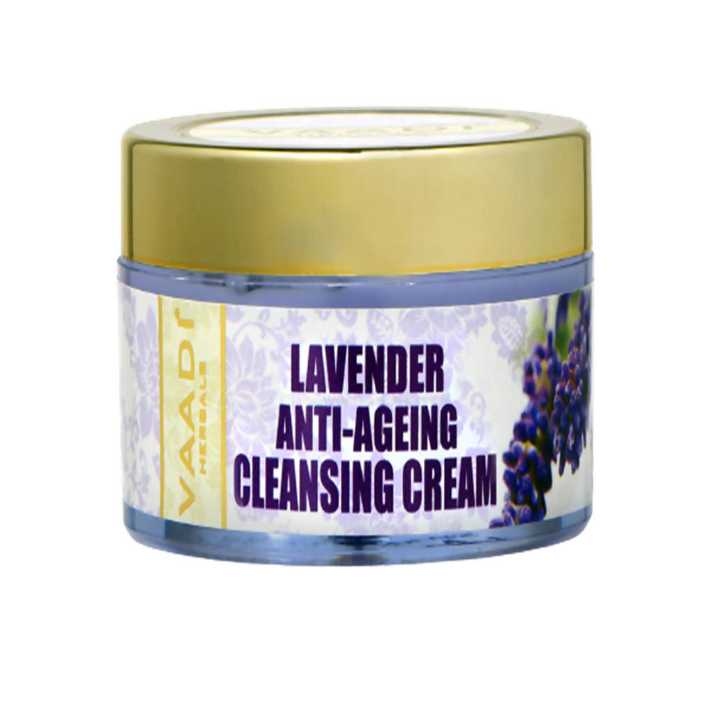 Jar of lavender anti-ageing cleansing cream with gold lid on a white background