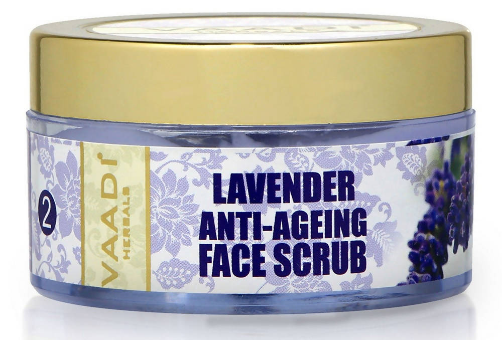 Lavender anti-ageing face scrub jar with gold lid on a white background