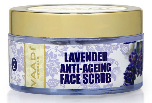 Lavender anti-ageing face scrub jar with gold lid on a white background