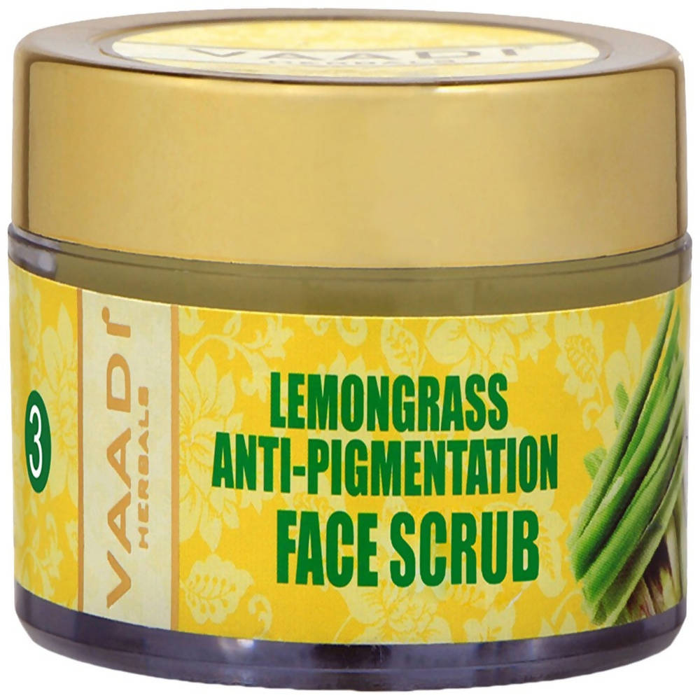 Jar of Vaadi Herbals Lemongrass Anti-Pigmentation Face Scrub with yellow label and green text.