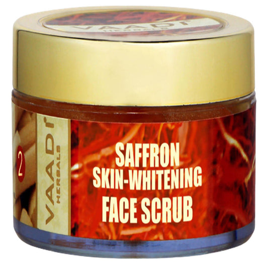 Jar of Vaadi Herbals Saffron Skin-Whitening Face Scrub with a gold lid.