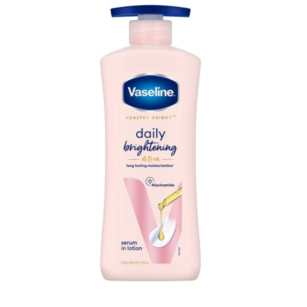 Vaseline daily brightening lotion bottle on a white background