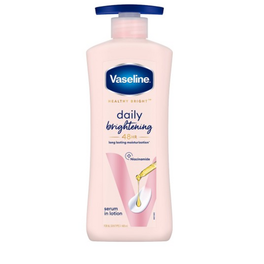Vaseline daily brightening lotion bottle on a white background