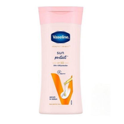 A pump bottle of Vaseline Sun Protect SPF 30 Serum In Lotion with UVA + UVB protection.