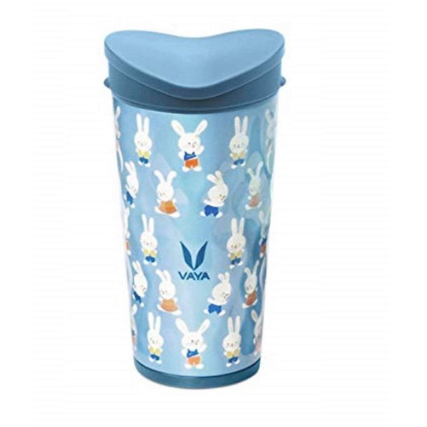 Blue tumbler with rabbit pattern and Vaya logo on a white background