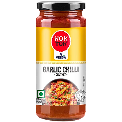 Jar of Wok Tok Garlic Chilli Chutney on a white background