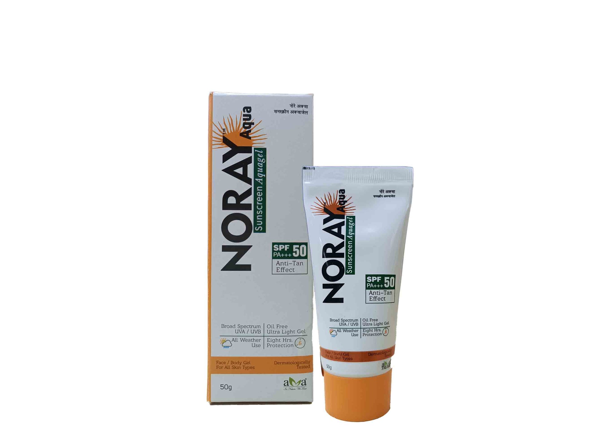 Norax sunscreen tube and box on a white background