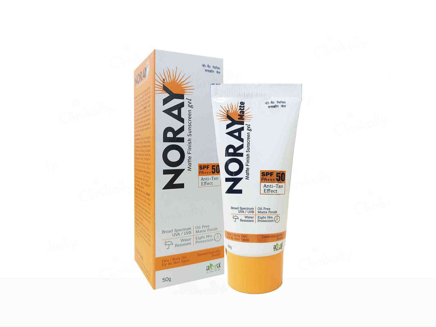 Noray sunscreen gel packaging with tube and box on a white background