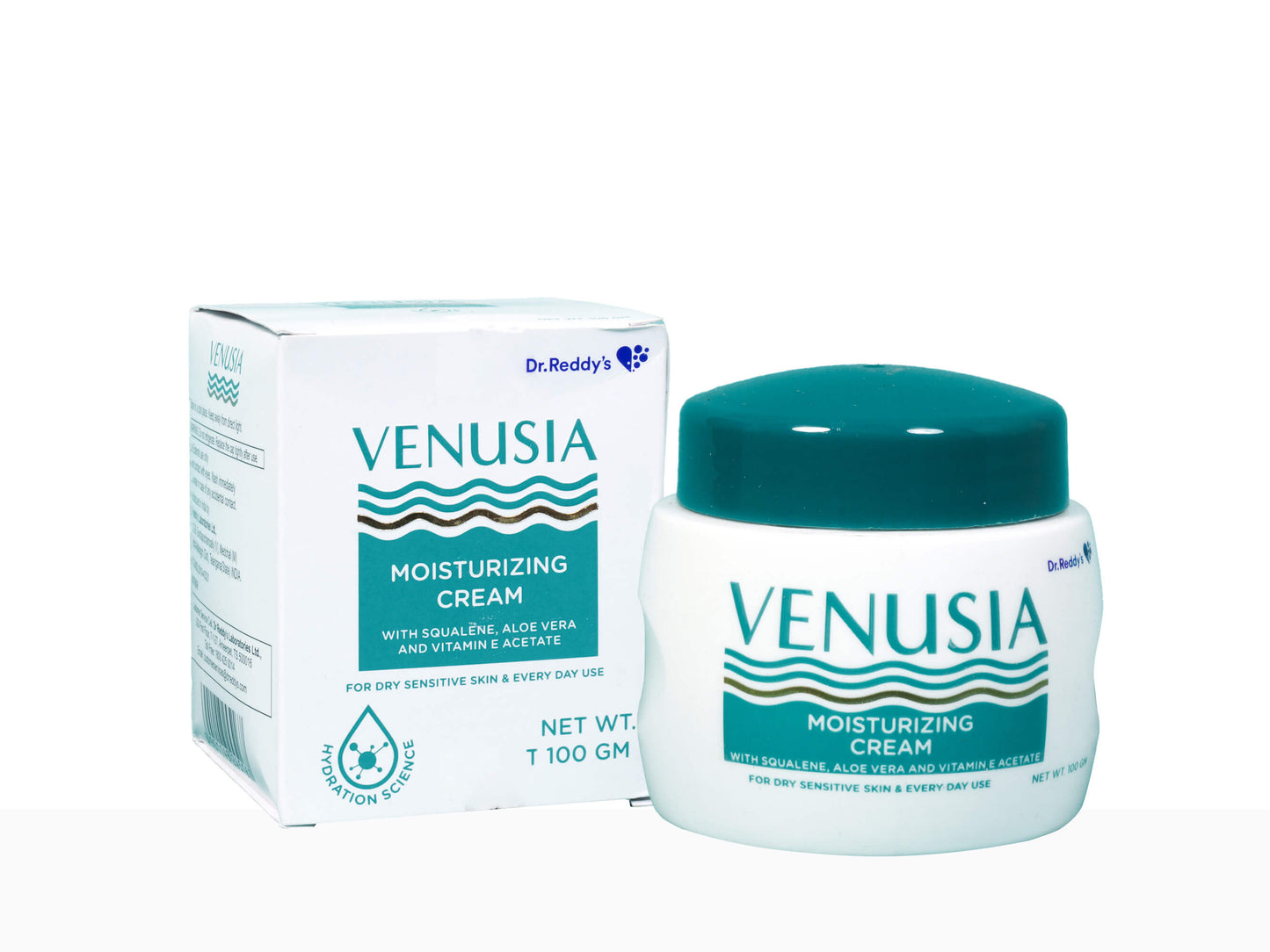 Venusia moisturizing cream jar and box on a white background