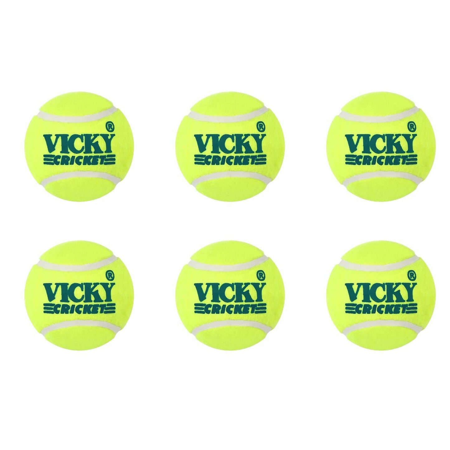 Six yellow tennis balls with 'Vicky Cricket' branding on a white background