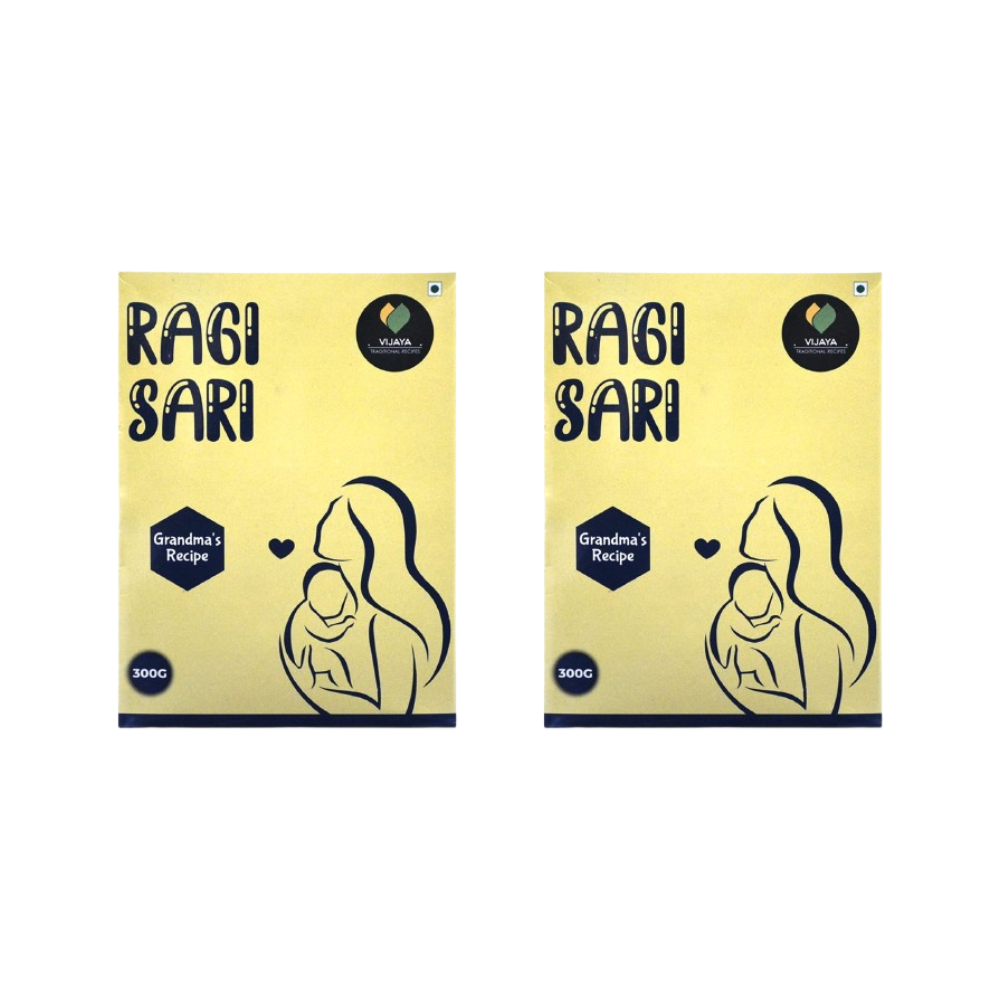 Two packages of Ragi Sari with a woman and child illustration on a yellow background.