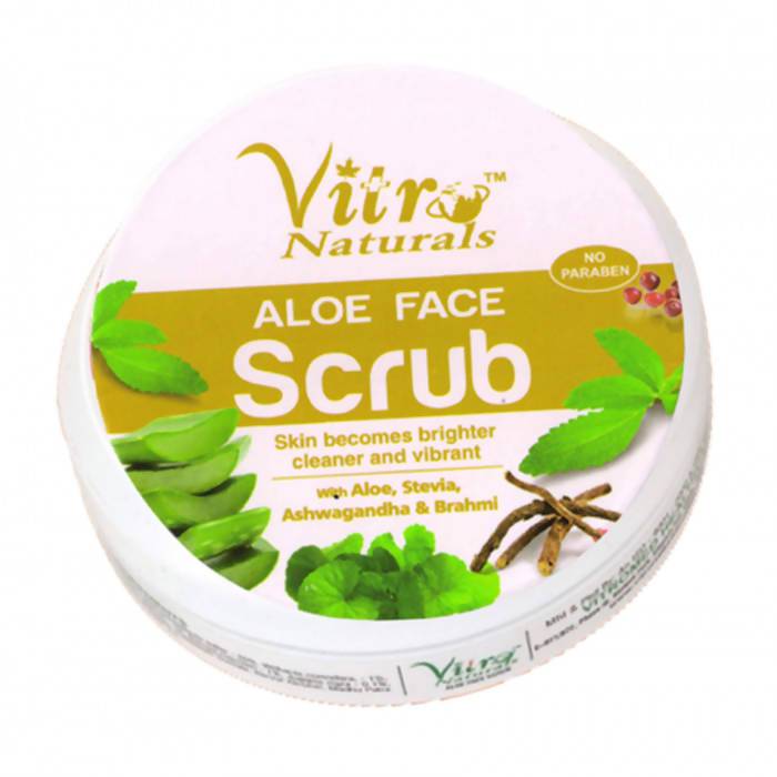 Vitru Naturals Aloe Face Scrub container with green leaves and plant elements on a white background