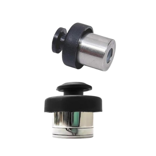 Two metallic and black components on a white background