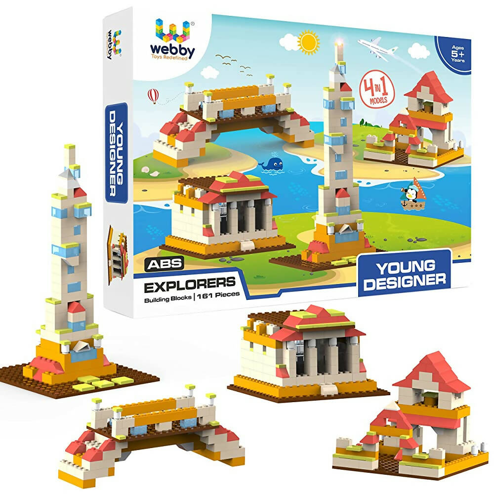 Building block set with colorful structures and Webby packaging on a white background